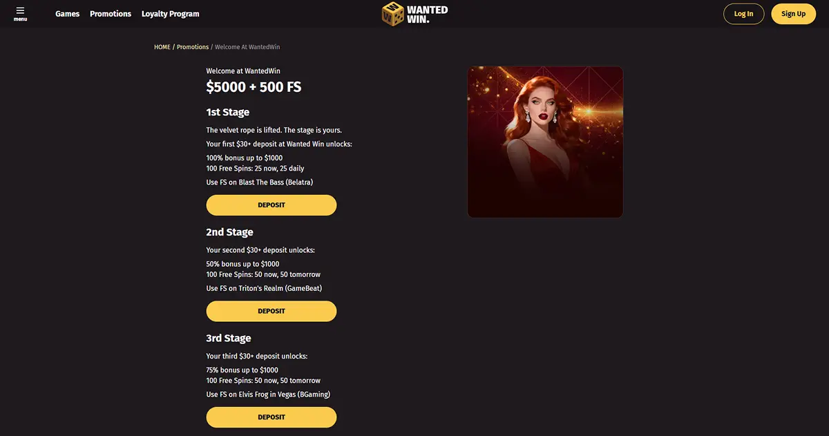 Wanted Win Australia welcome pack promotion page showing the five-deposit offer
