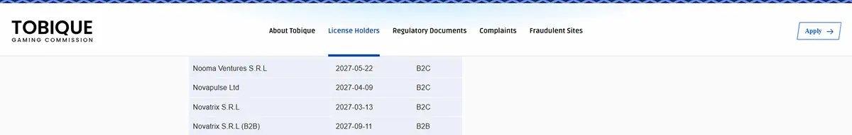 Tobique Gaming Commission licence-holder register entry for Novatrix SRL