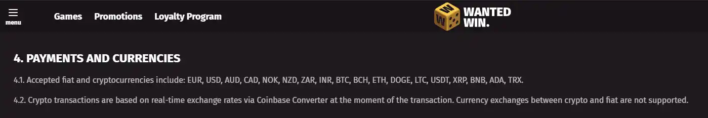 Wanted Win official payment or terms section showing cashier and AUD payment rules