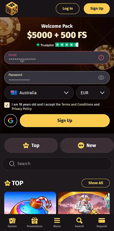 Wanted Win casino displayed in a mobile web browser on a smartphone