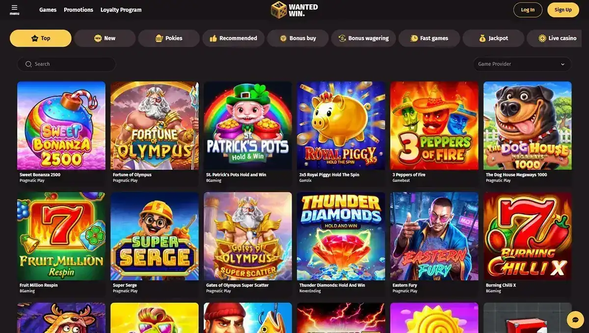 Wanted Win games lobby showing casino categories and the current catalogue interface