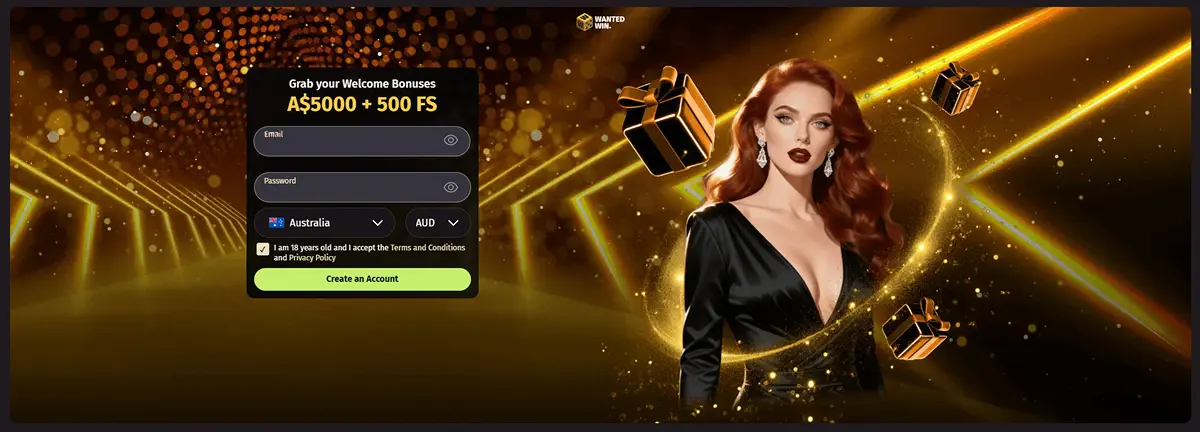 Wanted Win registration form with Australia visible in the country selector